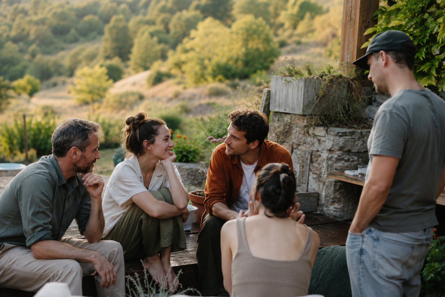 Gruppe von Menschen im Gespräch auf einer Terrasse am Abend