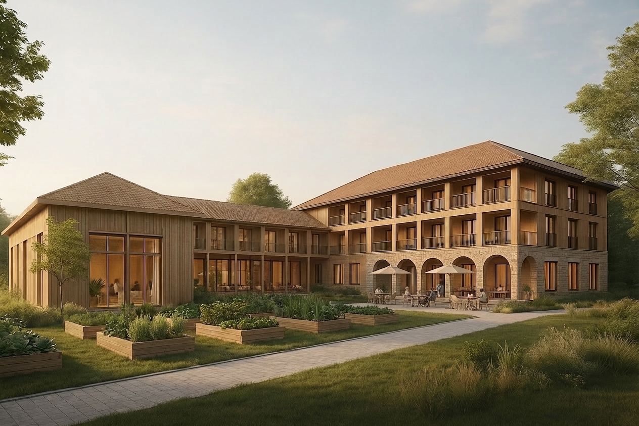 Rendering des geplanten Hofguts: Holzbau mit Gemüsebeeten und Terrasse